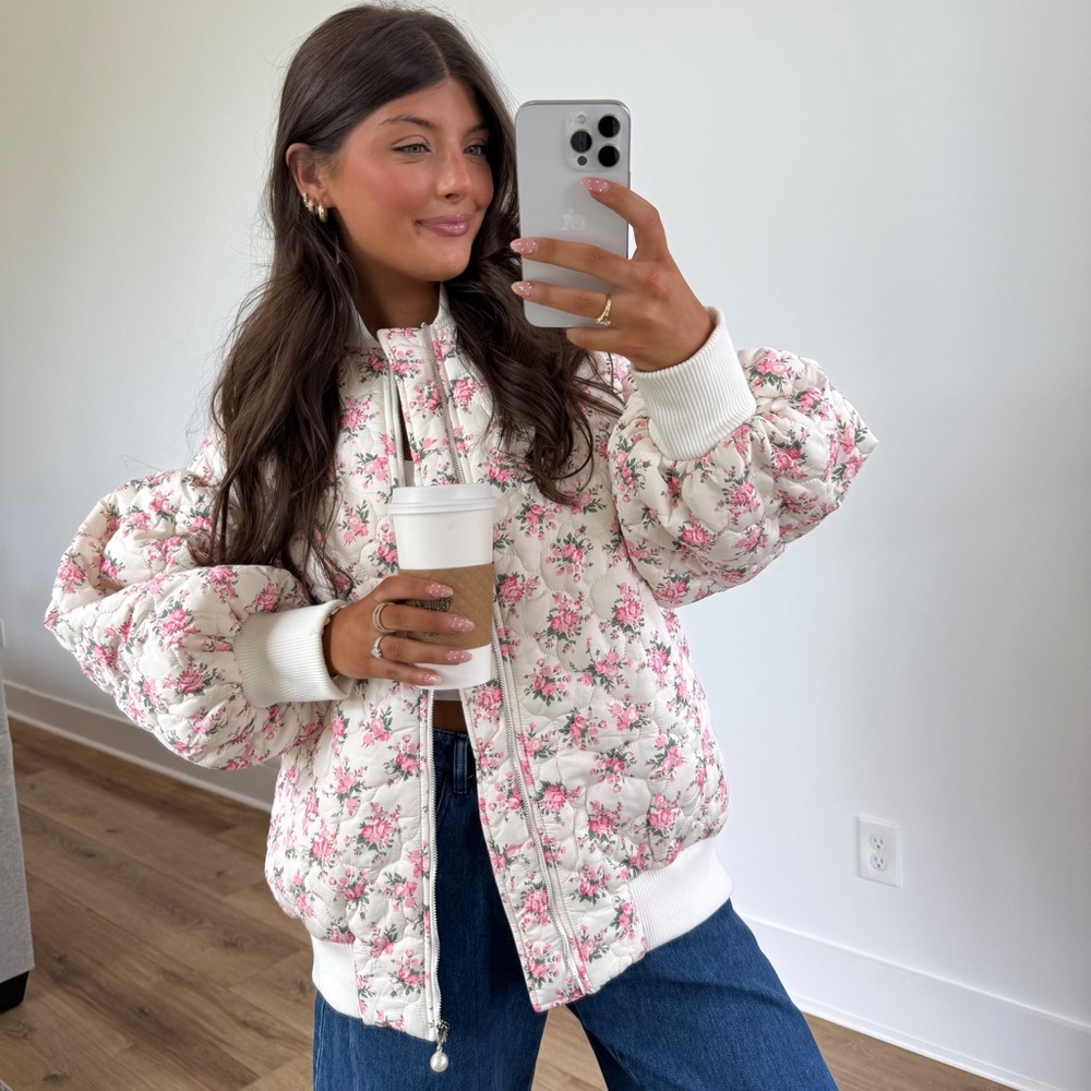 NWT Romantic Floral Quilted Bomber Jacket Puff Sleeve Coquette Cottagecore